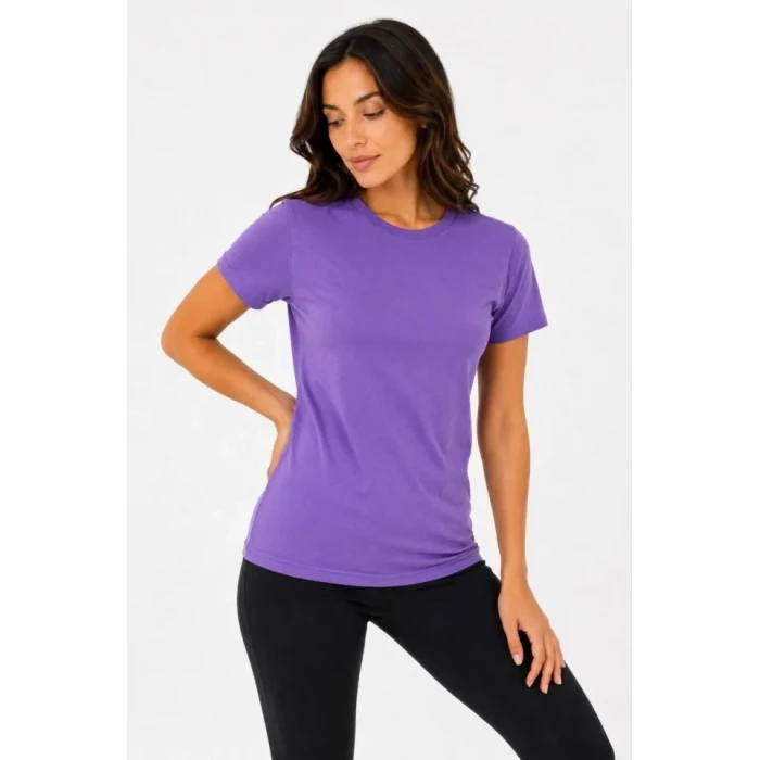 Basic Bisiklet Yaka Yazlık Slim Fit T-shirt - Mor - Petrol Mavisi
