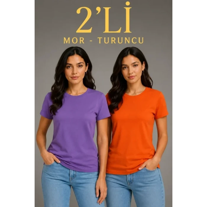 Basic Bisiklet Yaka Yazlık Slim Fit T-shirt - Mor  - Turuncu