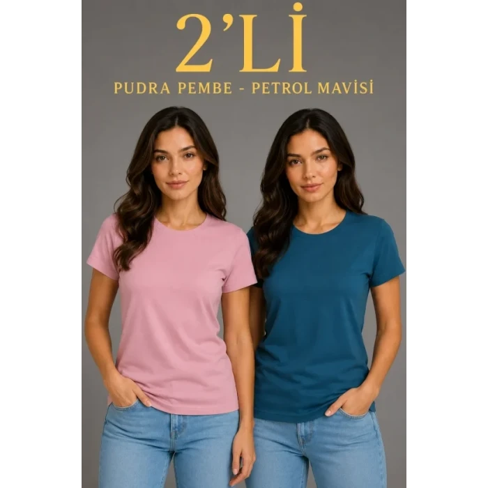 Basic Bisiklet Yaka Yazlık Slim Fit T-shirt - Pudra Pembe - Petrol Mavi