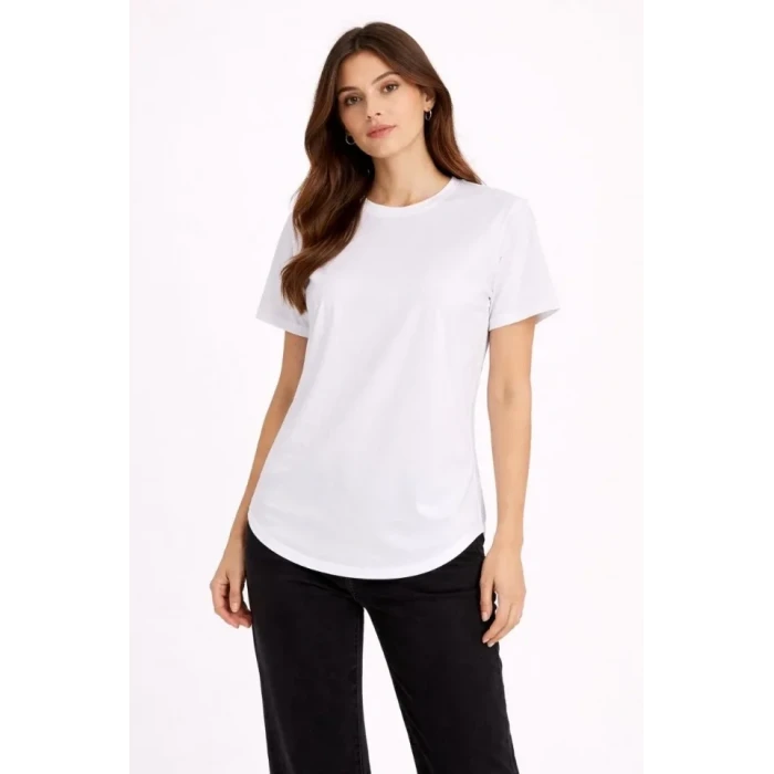 Basic T-shirt Kısa Kol Bisiklet Yaka Oval Kesim Tişört - Beyaz