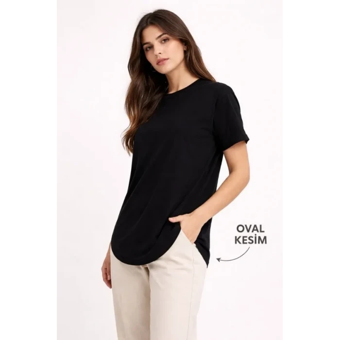 Basic T-shirt Kısa Kol Bisiklet Yaka Oval Kesim Tişört - Siyah
