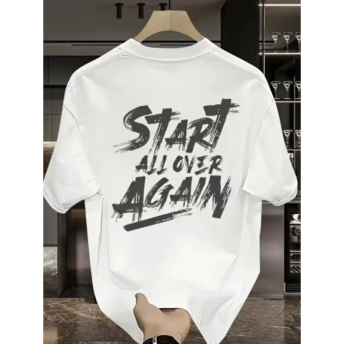 Baskılı Oversize Bisiklet Yaka T-shirt - Beyaz