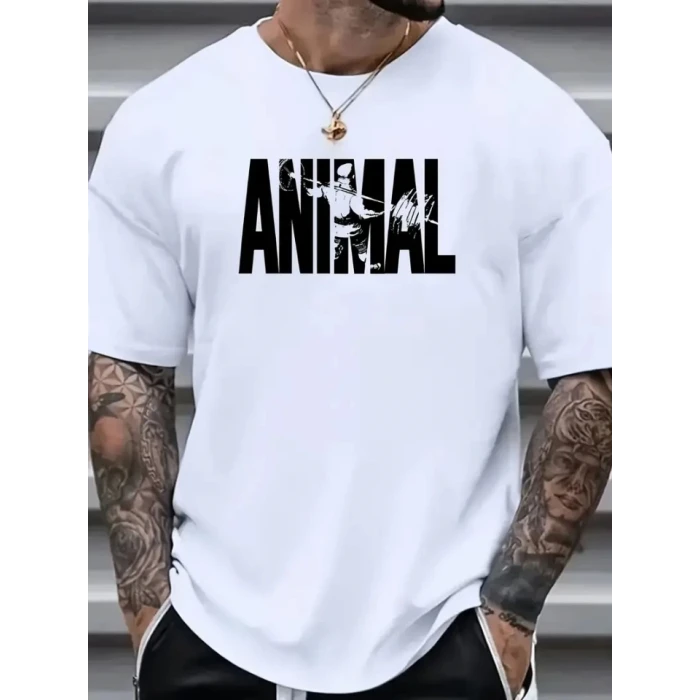 Baskılı Oversize Bisiklet Yaka T-shirt - Beyaz