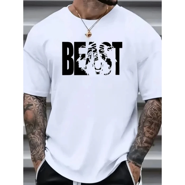 Baskılı Oversize Bisiklet Yaka T-shirt - Beyaz