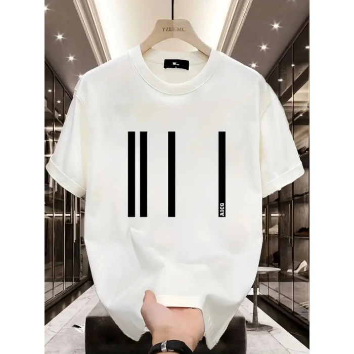 Baskılı Oversize Bisiklet Yaka T-shirt - Beyaz