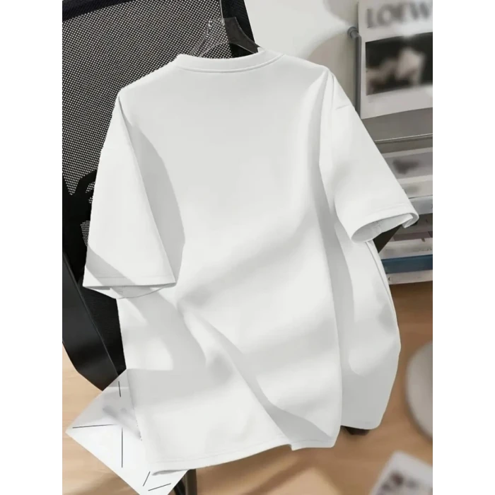 Baskılı Oversize Bisiklet Yaka T-shirt - Beyaz
