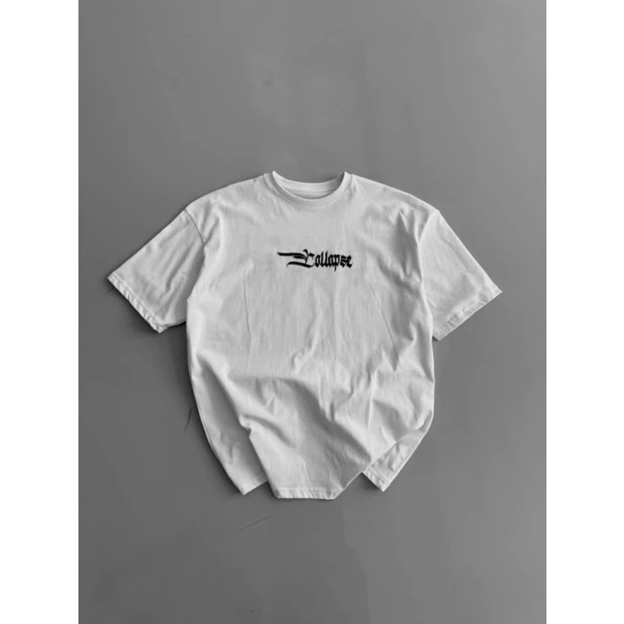 Baskılı Oversize Bisiklet Yaka T-shirt - Beyaz
