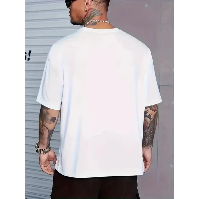 Baskılı Oversize Bisiklet Yaka T-shirt - Beyaz