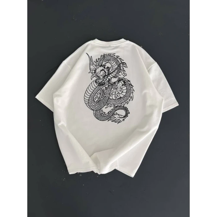 Baskılı Oversize Bisiklet Yaka T-shirt - Beyaz