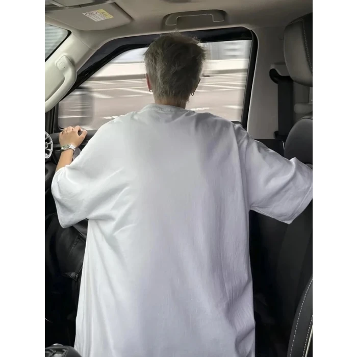 Baskılı Oversize Bisiklet Yaka T-shirt - Beyaz
