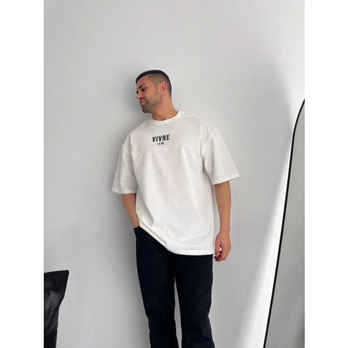 Baskılı Oversize Bisiklet Yaka T-shirt - Beyaz