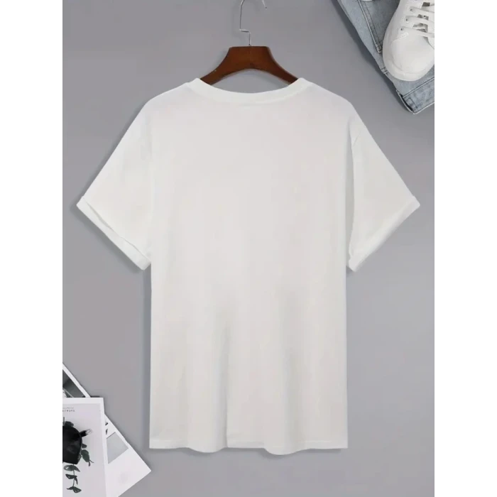 Baskılı Oversize Bisiklet Yaka T-shirt - Beyaz