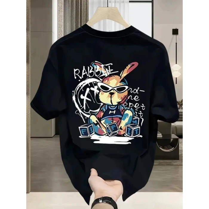 Baskılı Oversize Bisiklet Yaka T-shirt - Siyah