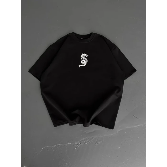 Baskılı Oversize Bisiklet Yaka T-shirt - Siyah