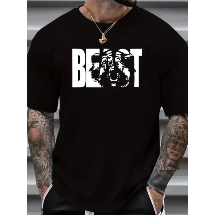 Baskılı Oversize Bisiklet Yaka T-shirt - Siyah