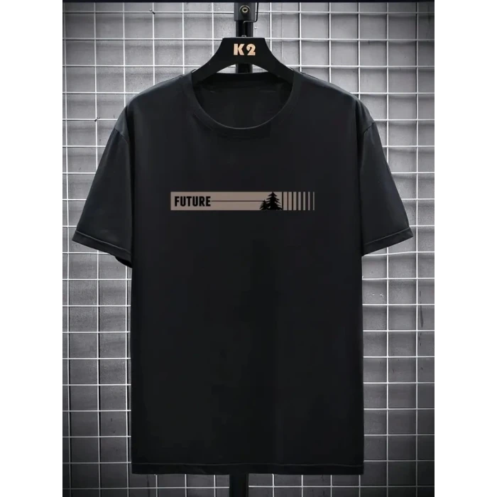 Baskılı Oversize Bisiklet Yaka T-shirt - Siyah