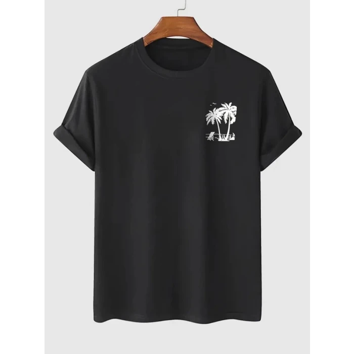 Baskılı Oversize Bisiklet Yaka T-shirt - Siyah