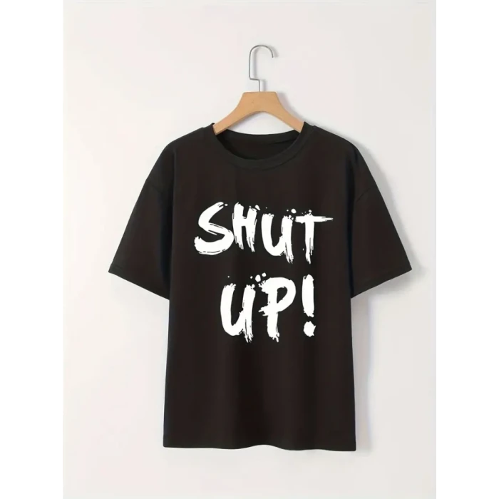 Baskılı Oversize Bisiklet Yaka T-shirt - Siyah