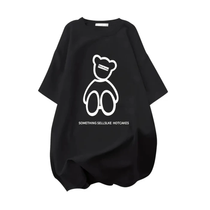 Baskılı Oversize Bisiklet Yaka T-shirt - Siyah