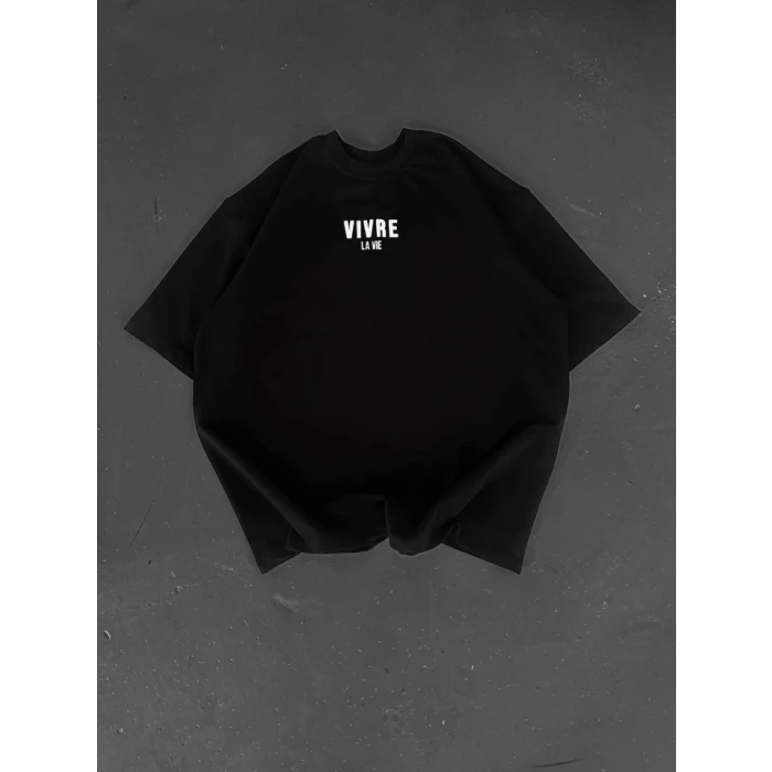 Baskılı Oversize Bisiklet Yaka T-shirt - Siyah