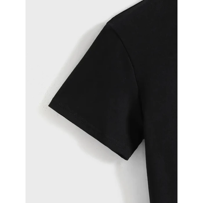 Baskılı Oversize Bisiklet Yaka T-shirt - Siyah
