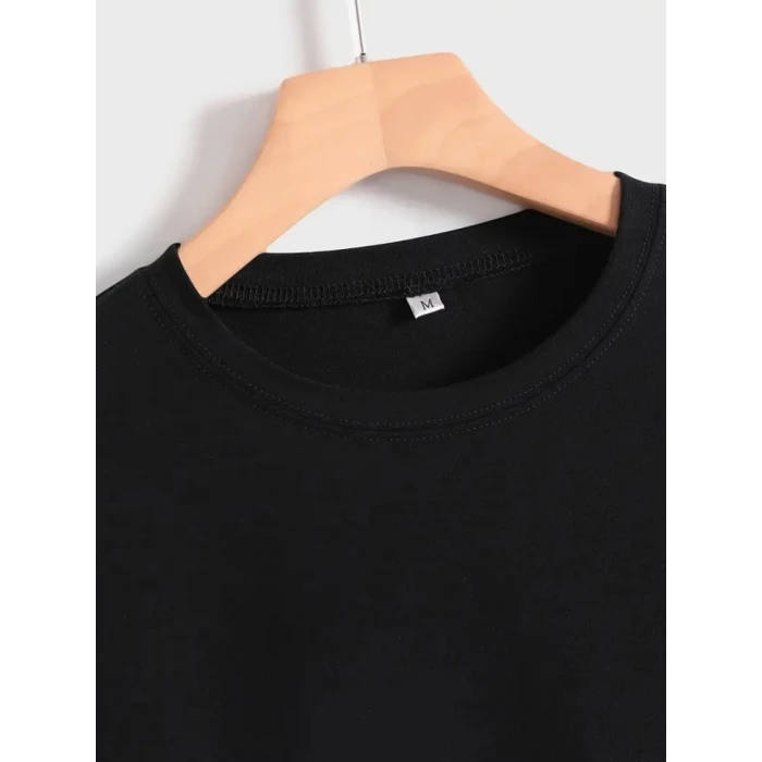 Baskılı Oversize Bisiklet Yaka T-shirt - Siyah