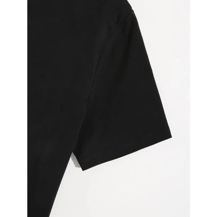 Baskılı Oversize Bisiklet Yaka T-shirt - Siyah