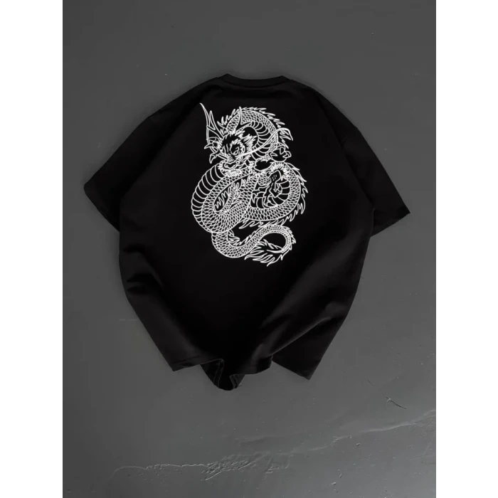 Baskılı Oversize Bisiklet Yaka T-shirt - Siyah