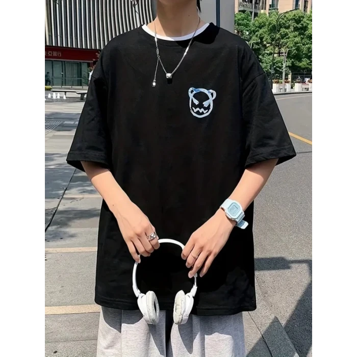 Baskılı Oversize Bisiklet Yaka T-shirt - Siyah