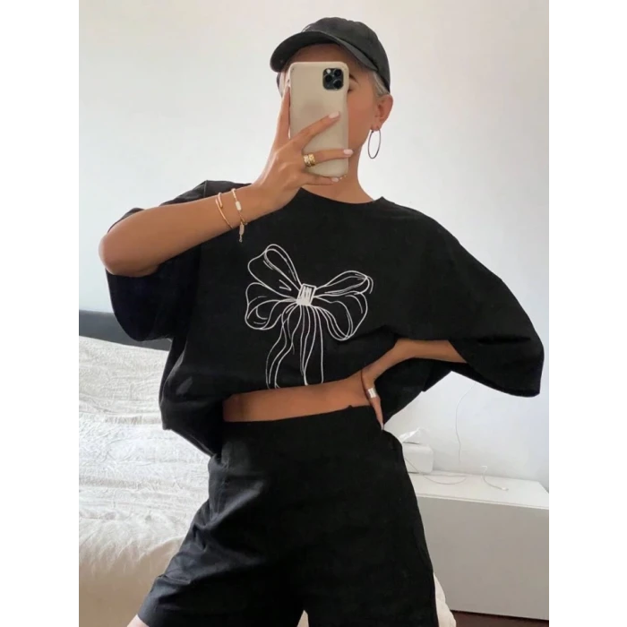 Baskılı Oversize T-shirt - Siyah