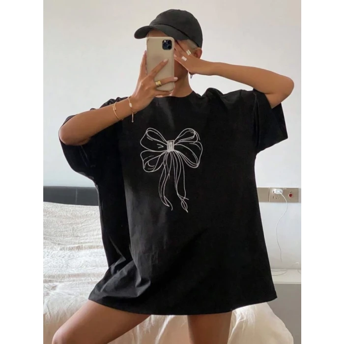 Baskılı Oversize T-shirt - Siyah