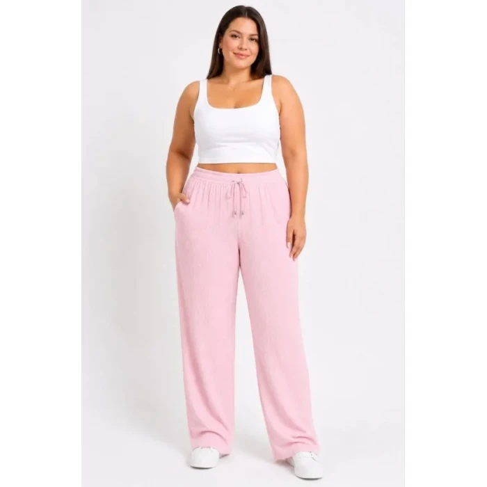 Battal Beden Bürümcük Kumaş Beli Lastikli Bağcıklı Bol Paça Palazzo Pantolon - Pembe