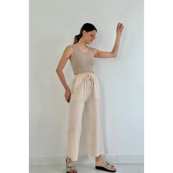 Bej Keten Pantolon