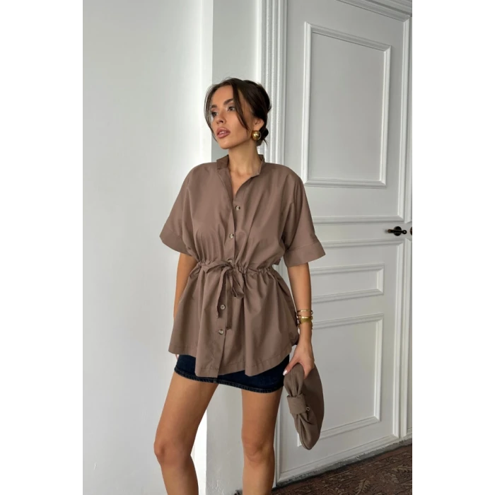 Bel Büzgü Detaylı Poplin Gömlek - Kahverengi