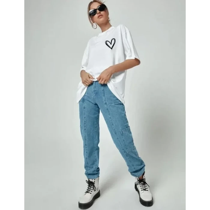 Bisiklet Yaka Baskılı Oversize T-shirt - Beyaz