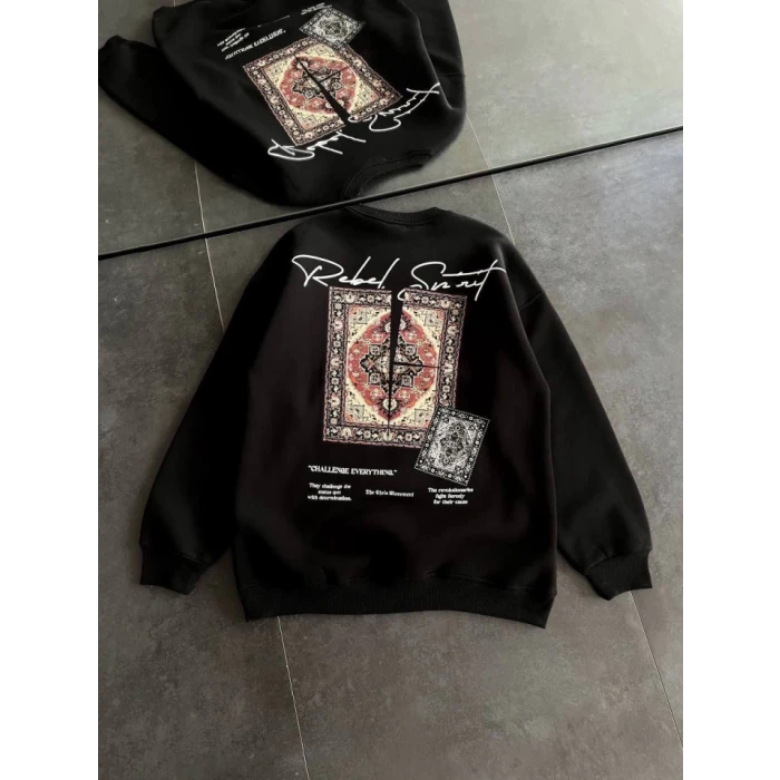 Bisiklet Yaka Baskılı Sweatshirt - Siyah