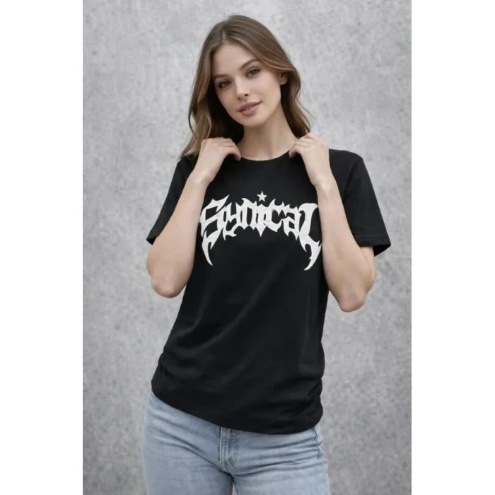Bisiklet Yaka Ön Baskılı  Kısa Kollu Tişört Streetwear Günlük Basic Pamuklu T-shirt - Siyah