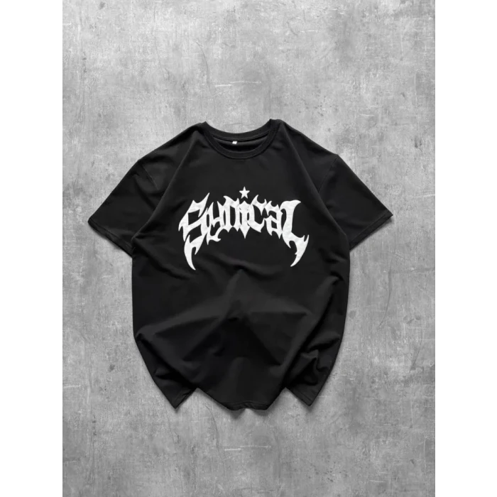 Bisiklet Yaka Ön Baskılı  Kısa Kollu Tişört Streetwear Günlük Basic Pamuklu T-shirt - Siyah