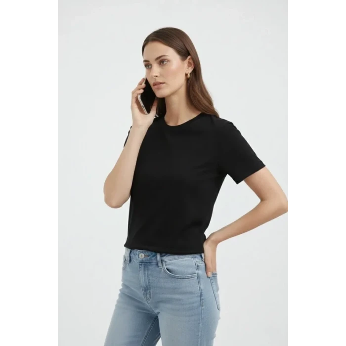 Bisiklet Yaka Tişört Regular Kalıp Basic Pamuklu Günlük Kullanım T-shirt - Siyah