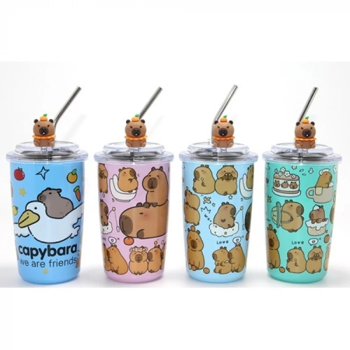 Capybara Figürlü Isı Muhafazalı Metal Pipetli Paslanmaz Çelik Kupa