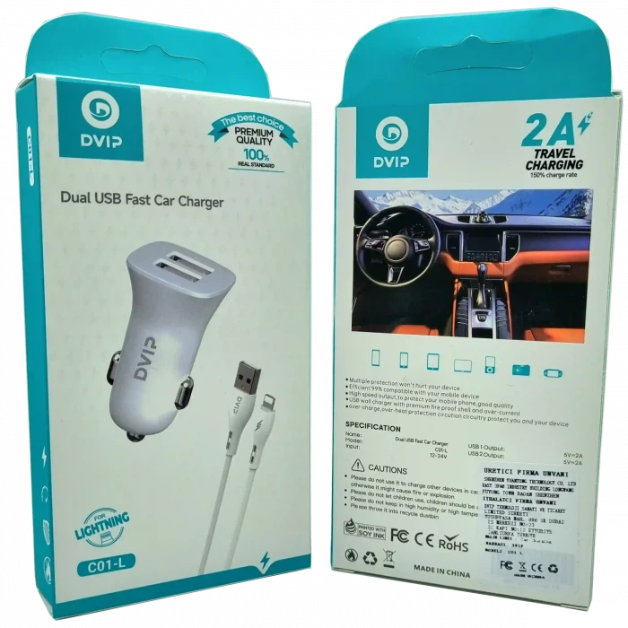 Çift Usb Girişli (iphone) Kablolu Araç Şarj Aleti C01-L