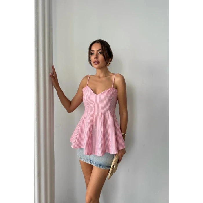 Çizgili Gofre Askılı Pens Detaylı Bluz - Pembe