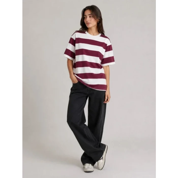 Çizgili Oversize Tişört Bisiklet Yaka Kısa Kol Yazlık T-shirt - Bordo