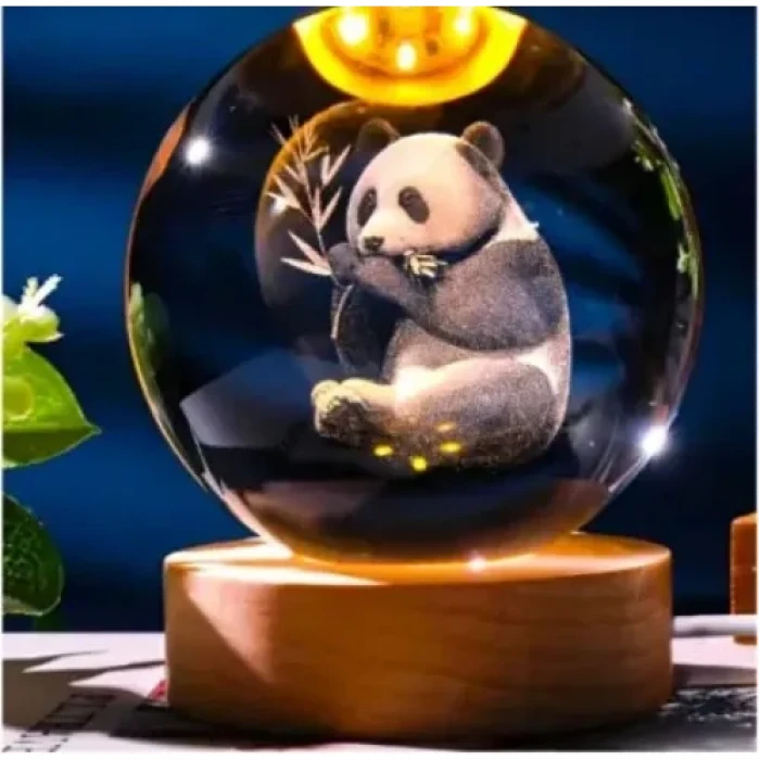 Dekoratif Panda Tasarımlı Ahşap Altlıklı Işıklı Cam Küre Büyük Boy Cam:8cm Ahşap:2cm