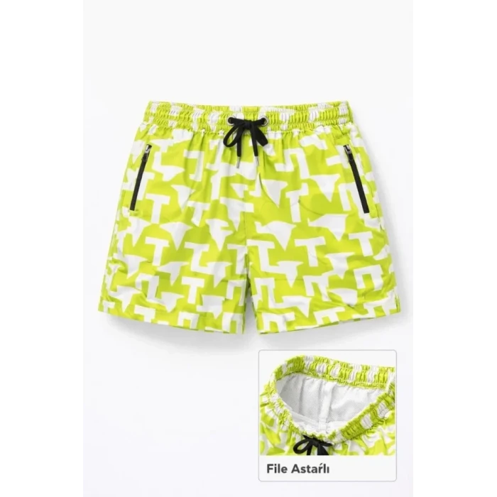 Deniz Şortu Fermuarlı Cepli File Astarlı Hızlı Kuruyan Premium - Neon Yeşili