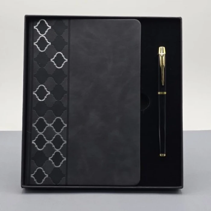 Desenli Siyah Deri Defter Kalem Set