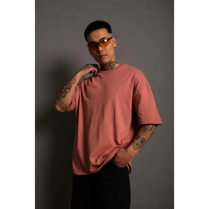 Erkek 24/1 Düz A Kalite Oversize T-shirt - Gül Kurusu