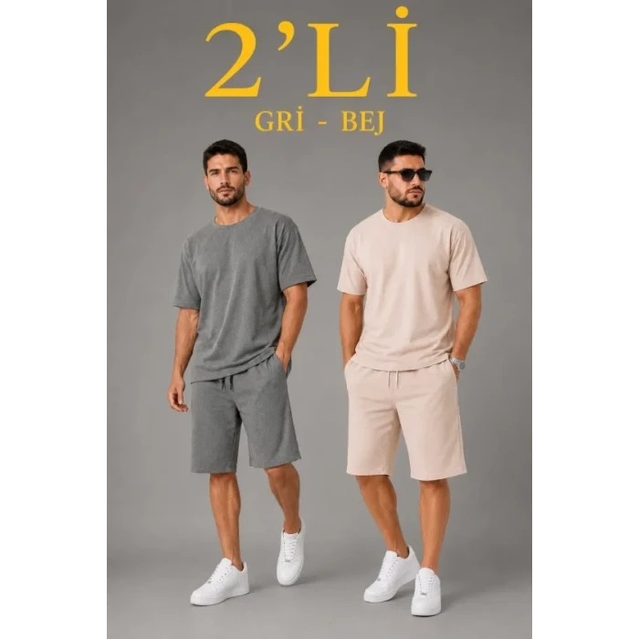 Erkek 2’li Oversize Tişört Şort Takım Seti Yazlık İki İplik Kumaş - Gri, Bej