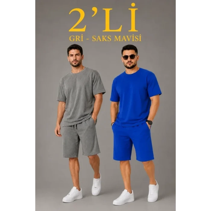 Erkek 2’li Oversize Tişört Şort Takım Seti Yazlık İki İplik Kumaş - Gri, Saks Mavisi