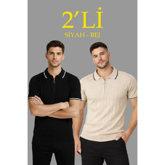 Erkek 2’li Paket Dokuma Triko  Fermuarlı Yakalı Fitilli Kısa Kollu Regular Fit Tişört - Bej - Siyah